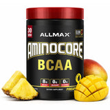 ALLMAX envase frontal mostrando AMINOCORE piña mango y claridad del producto