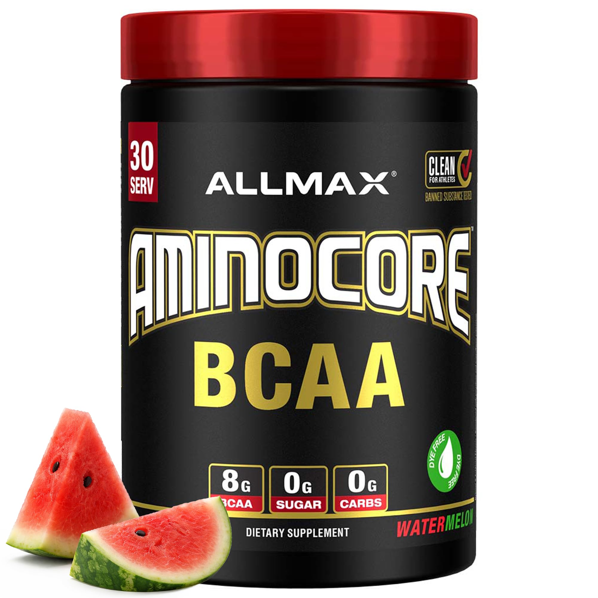 ALLMAX envase frontal mostrando Aminocore sandía y tamaño visible