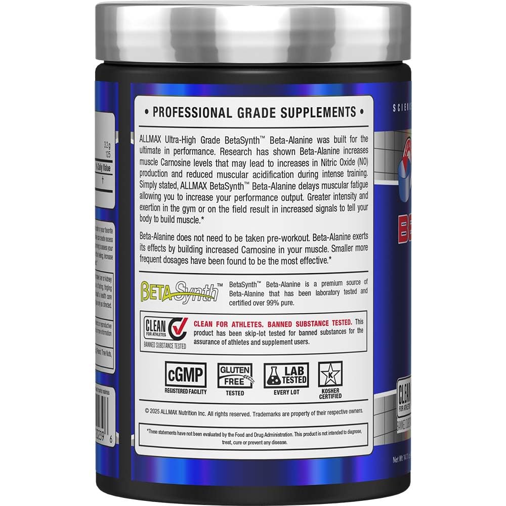 ALLMAX textura del polvo Beta-Alanine cercano, pureza visible y soluble