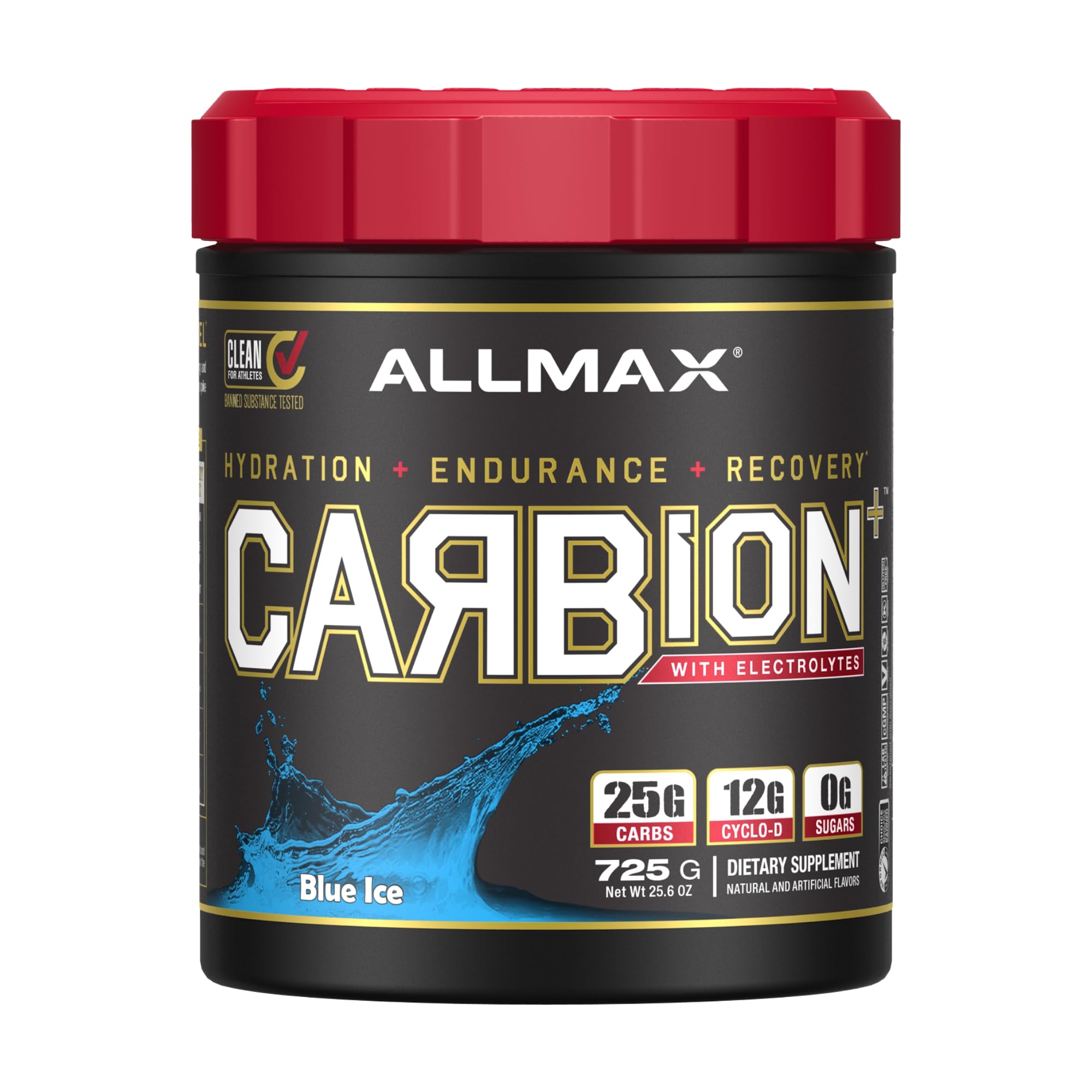 ALLMAX envase frontal CARBION+ Blue Ice mostrando 725 g y 25 servicios, hidratación clara