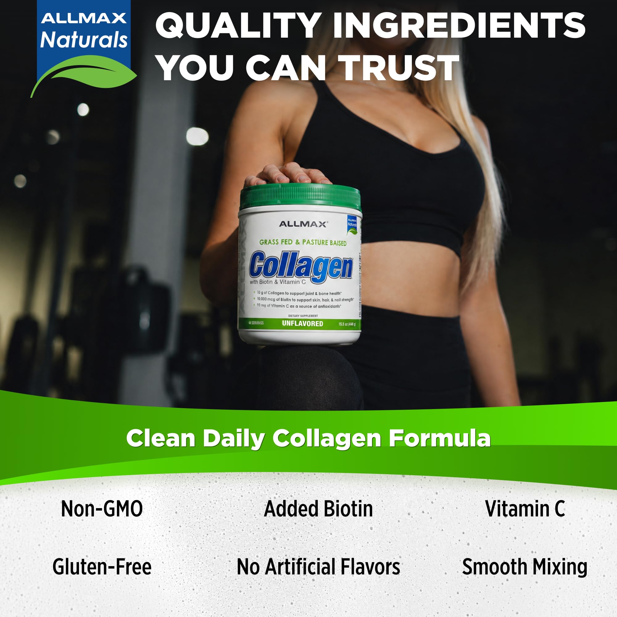 ALLMAX vaso con polvo disuelto sin grumos, evidencia disolución rápida