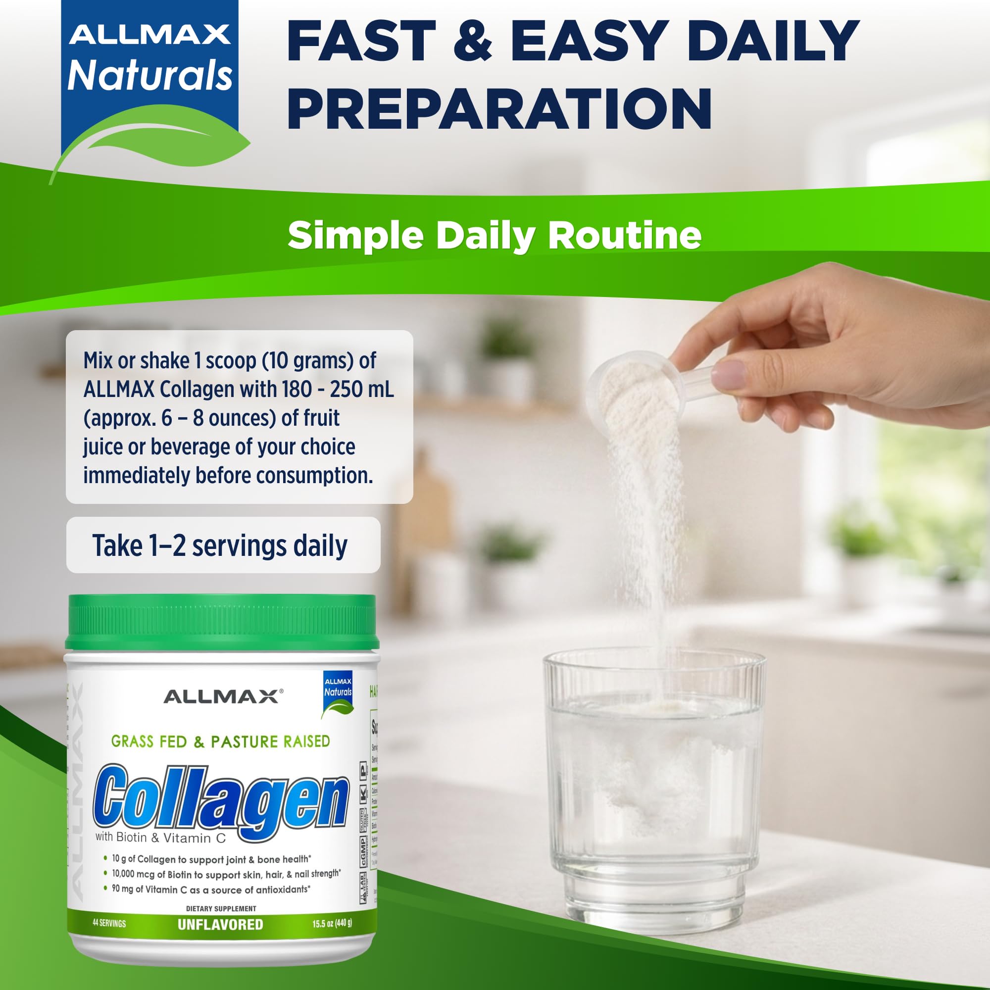 ALLMAX polvo de colágeno cerca muestra textura fina y fácil mezcla