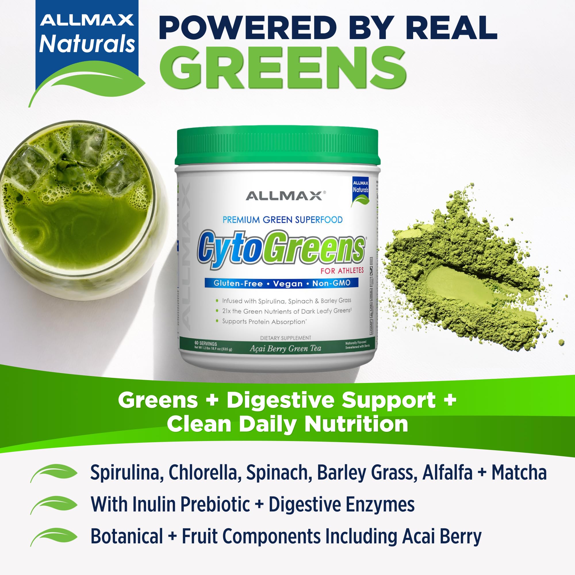 ALLMAX polvo CytoGreens textura fina fácil de disolver y mezclar