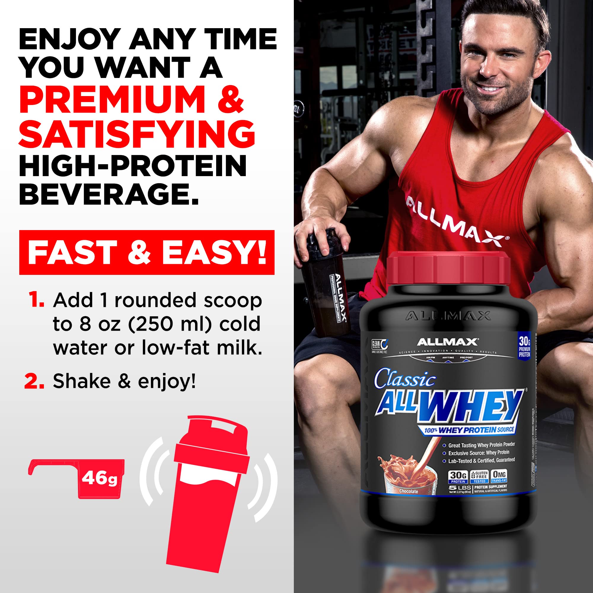 Etiqueta nutricional AllWhey Classic con certificaciones cGMP y kosher visibles