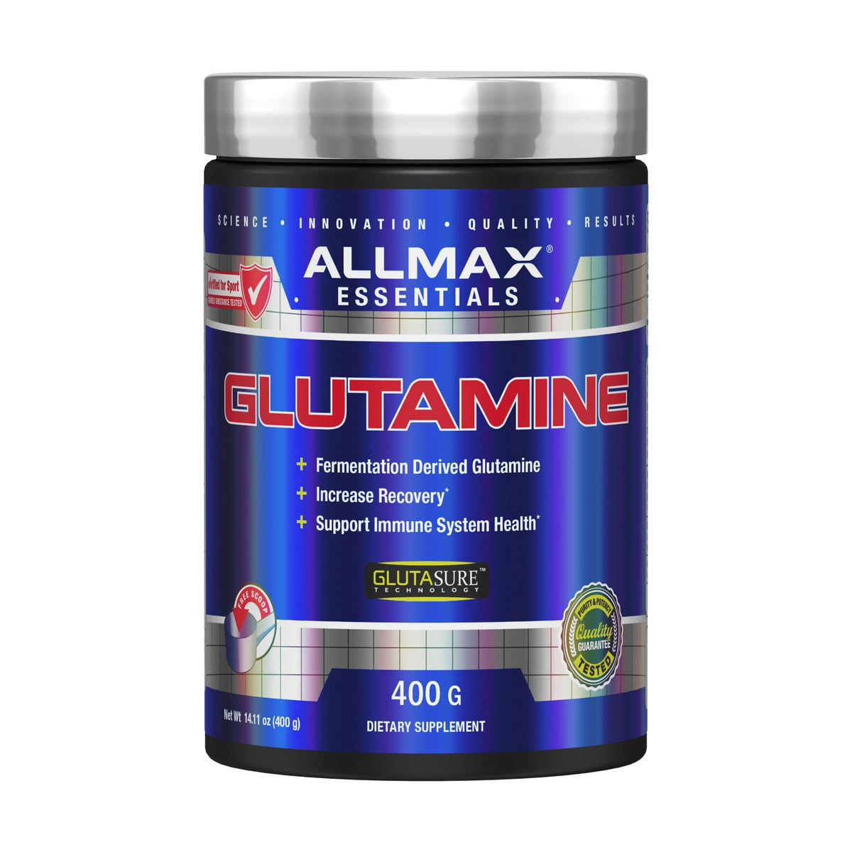 ALLMAX frasco frontal mostrando diseño y capacidad para fácil identificación