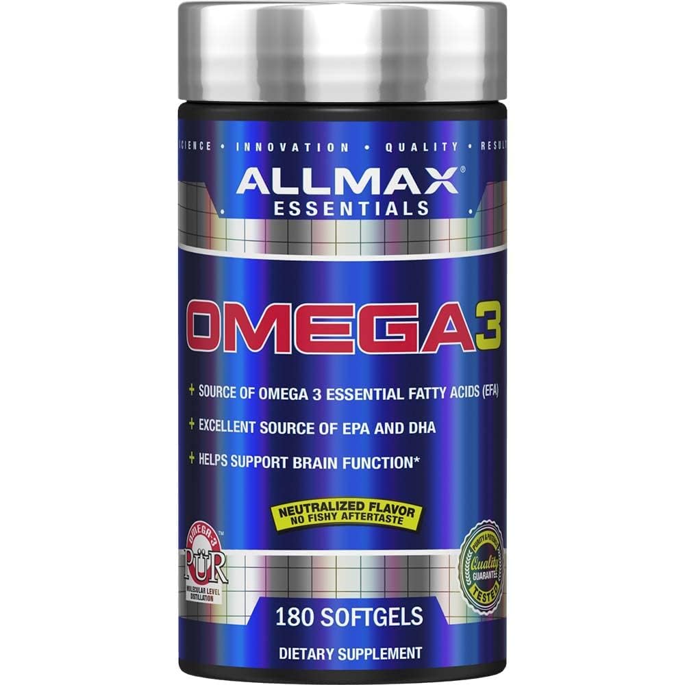 ALLMAX envase frontal mostrando 180 cápsulas y beneficios de pureza