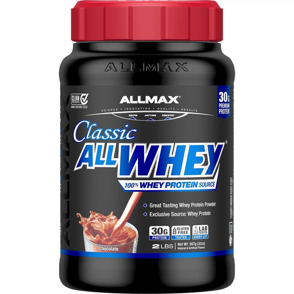 ALLMAX frontales del envase mostrando tamaño y sabor chocolate, conveniencia.