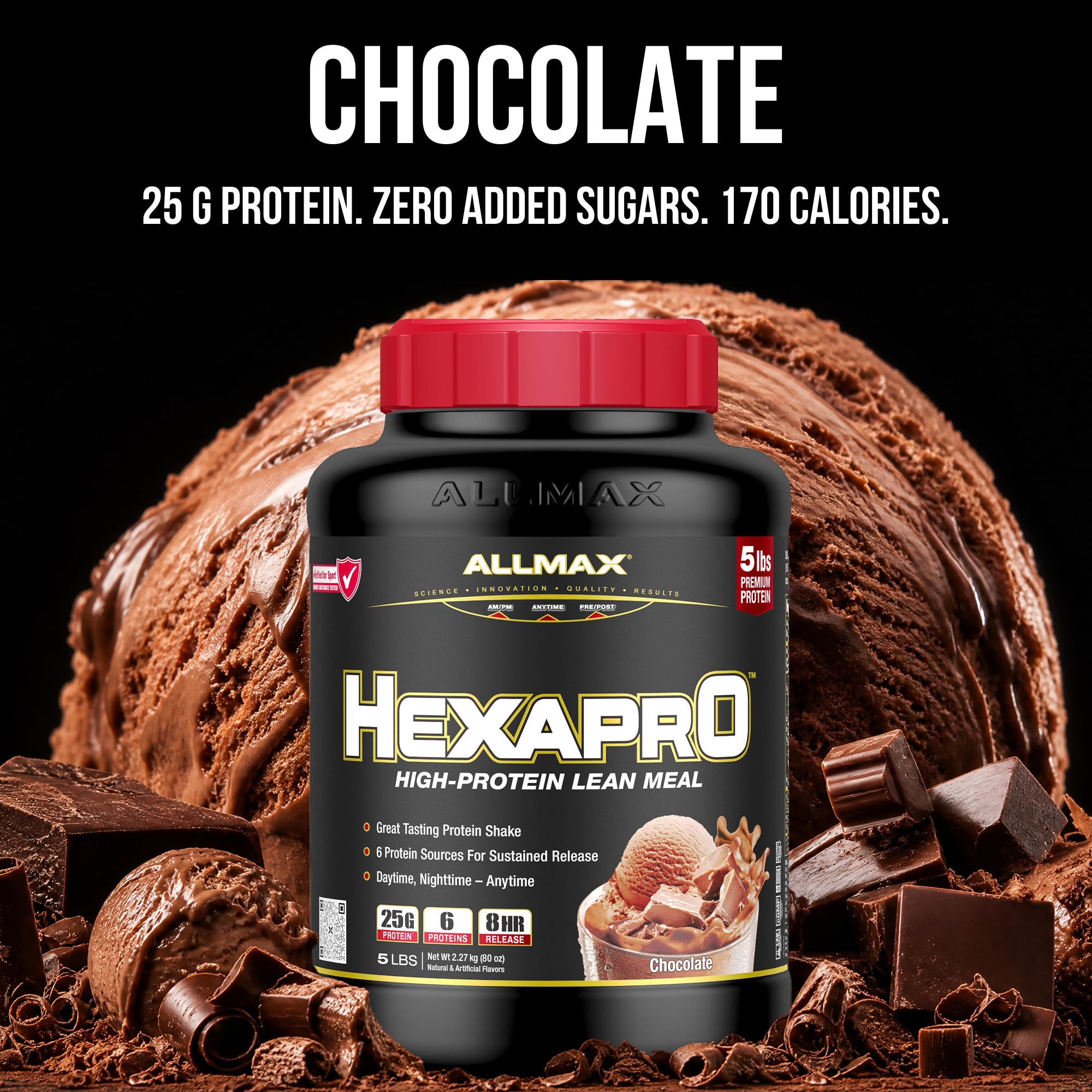 ALLMAX etiqueta nutricional enfocada información de 25 g proteína por porción