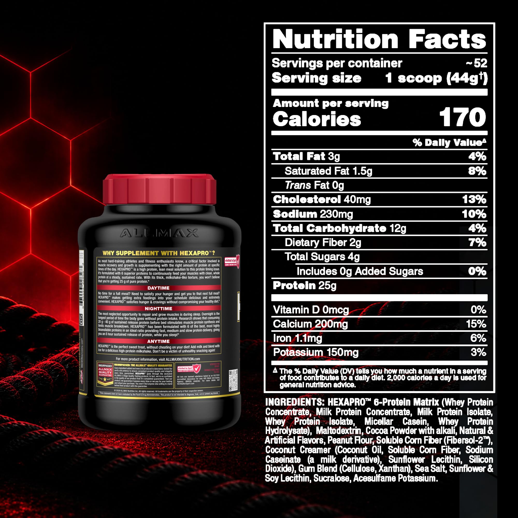 ALLMAX etiqueta nutricional ampliada mostrando proteínas y alérgenos