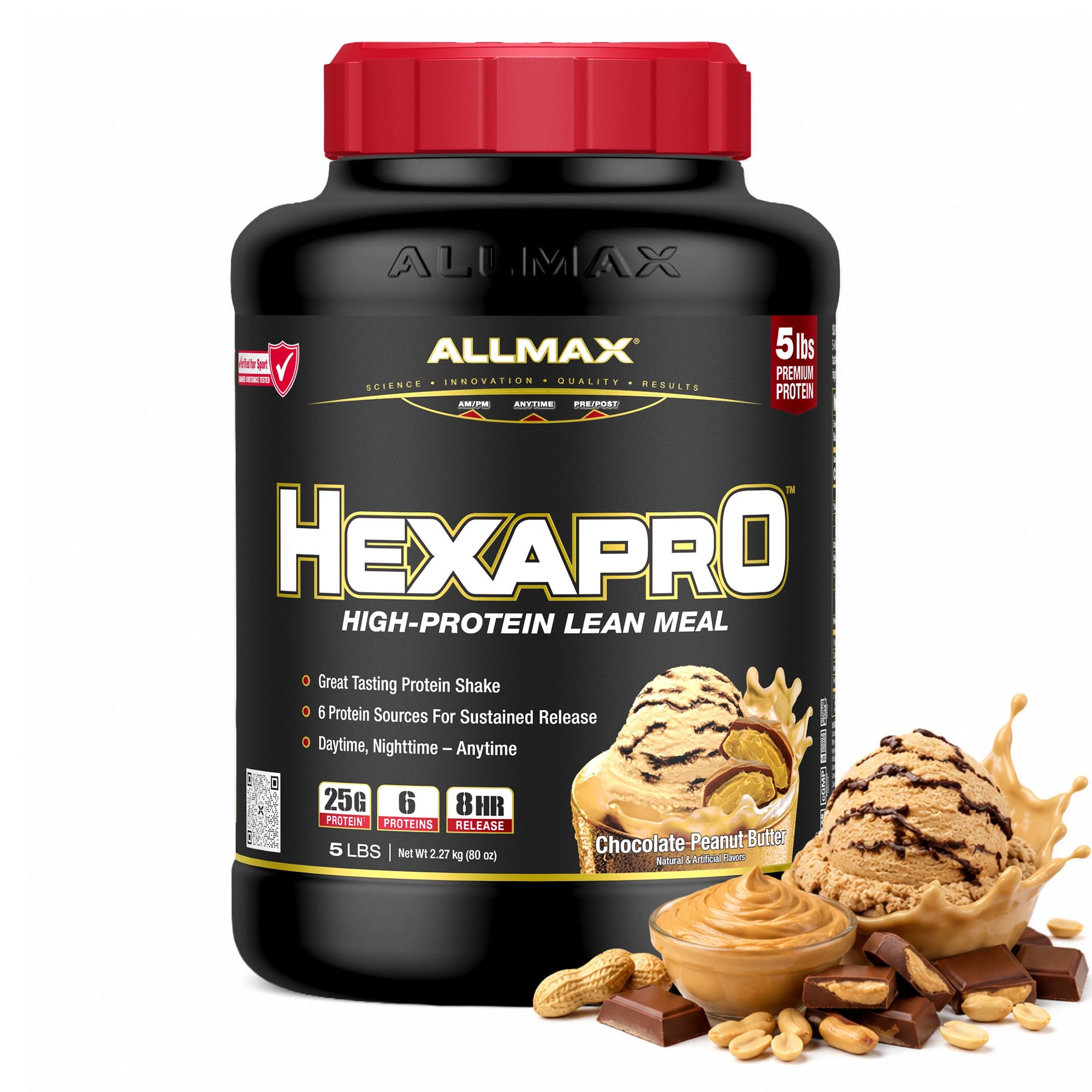 ALLMAX bote frontal mostrando 5 lb y sabor chocolate mantequilla de maní