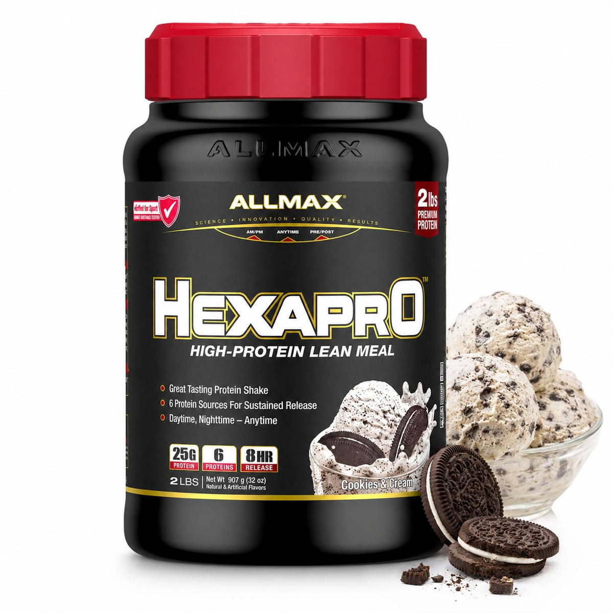 ALLMAX envase Hexapro Cookies & Cream vista frontal beneficio conveniencia