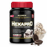 ALLMAX envase Hexapro Cookies & Cream vista frontal beneficio conveniencia