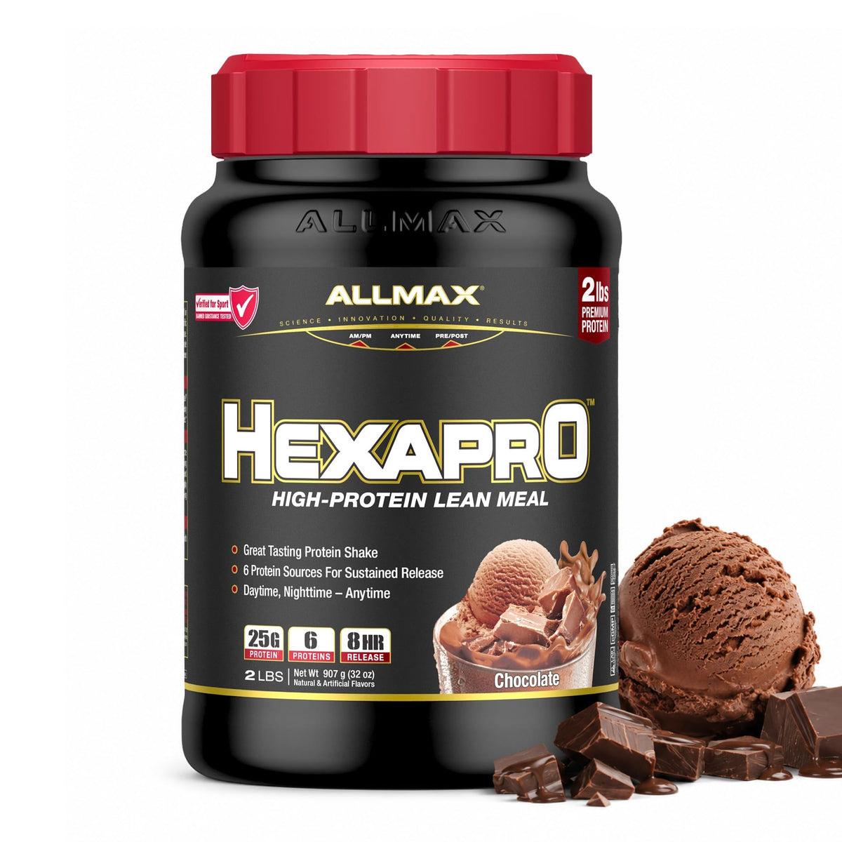 ALLMAX envase frontal de HEXAPRO Chocolate mostrando diseño y beneficio práctico