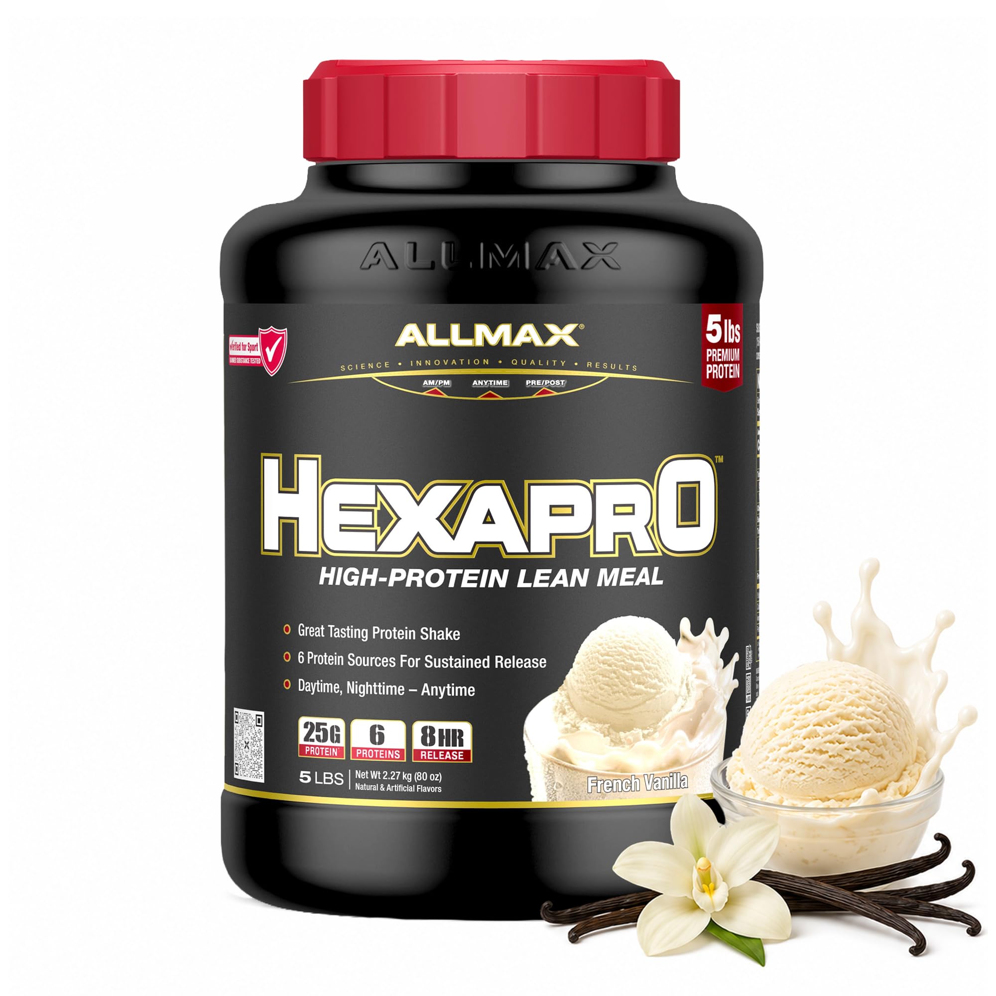 ALLMAX envase HEXAPRO French Vanilla frontales, claro y atractivo