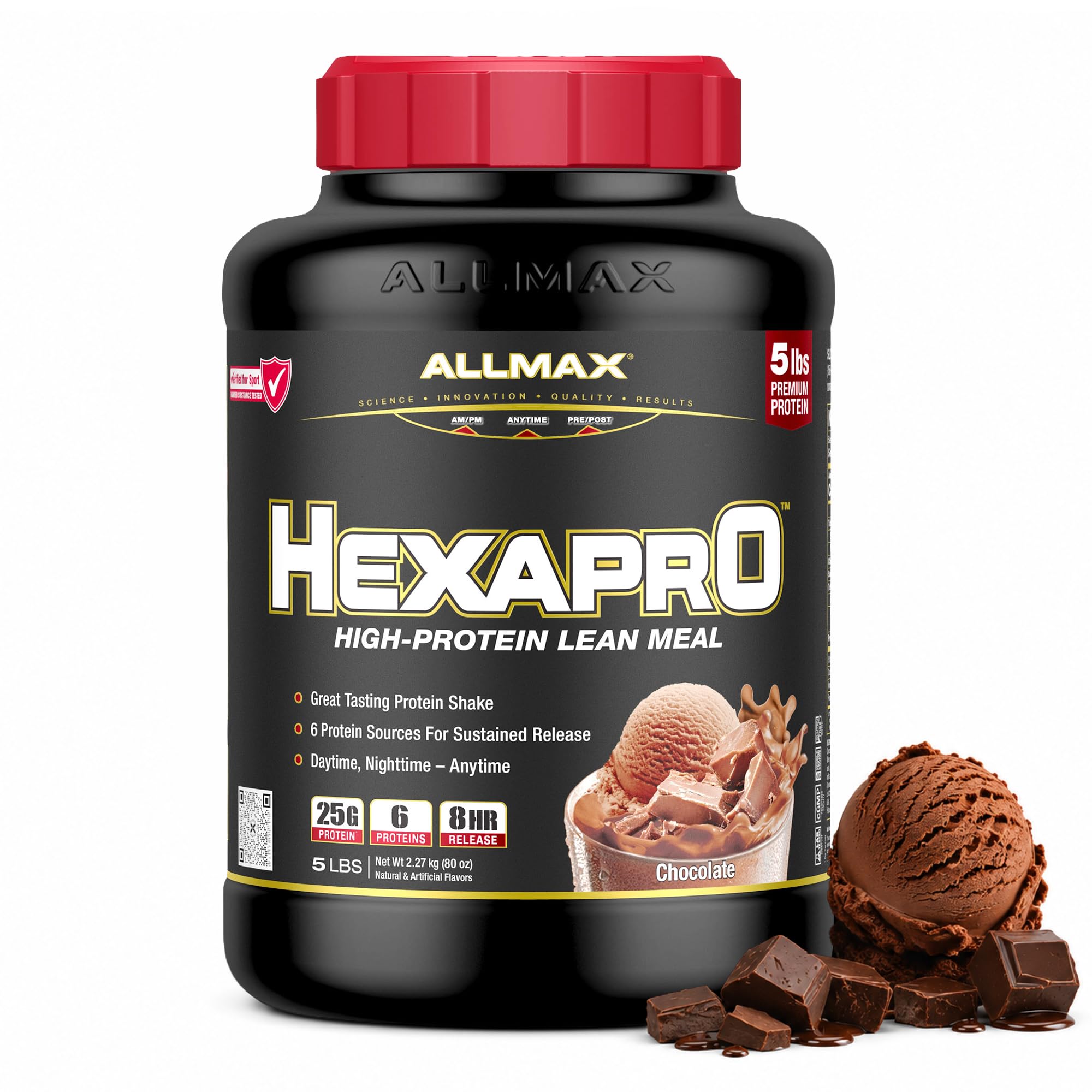 ALLMAX frasco frontal muestra tamaño 5 lb y sabor chocolate beneficios conveniencia