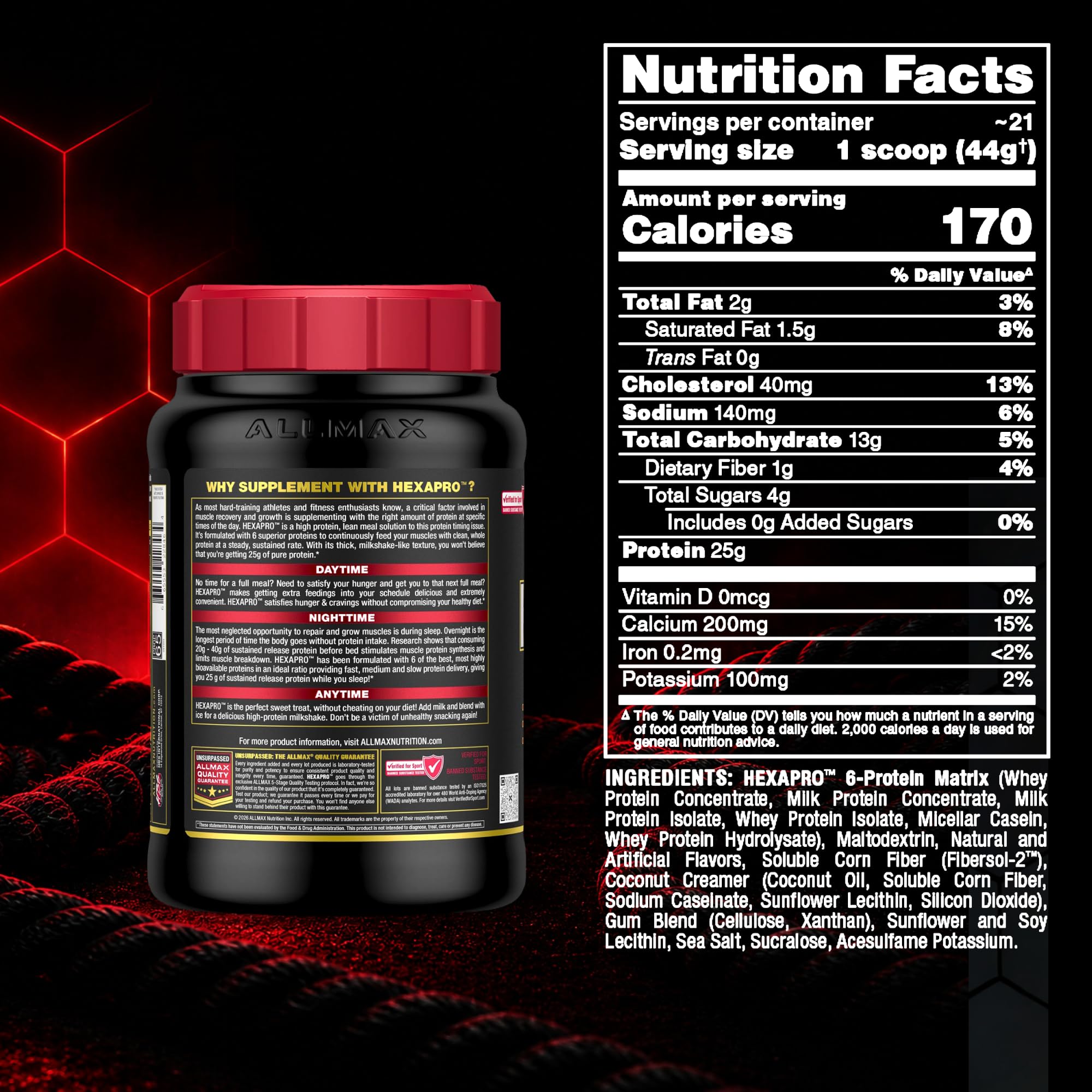 ALLMAX envase junto a objetos cotidianos para comparar tamaño y porciones