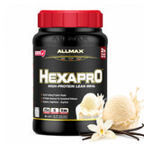 ALLMAX envase HEXAPRO Vainilla frontal, visibilidad del producto y beneficios