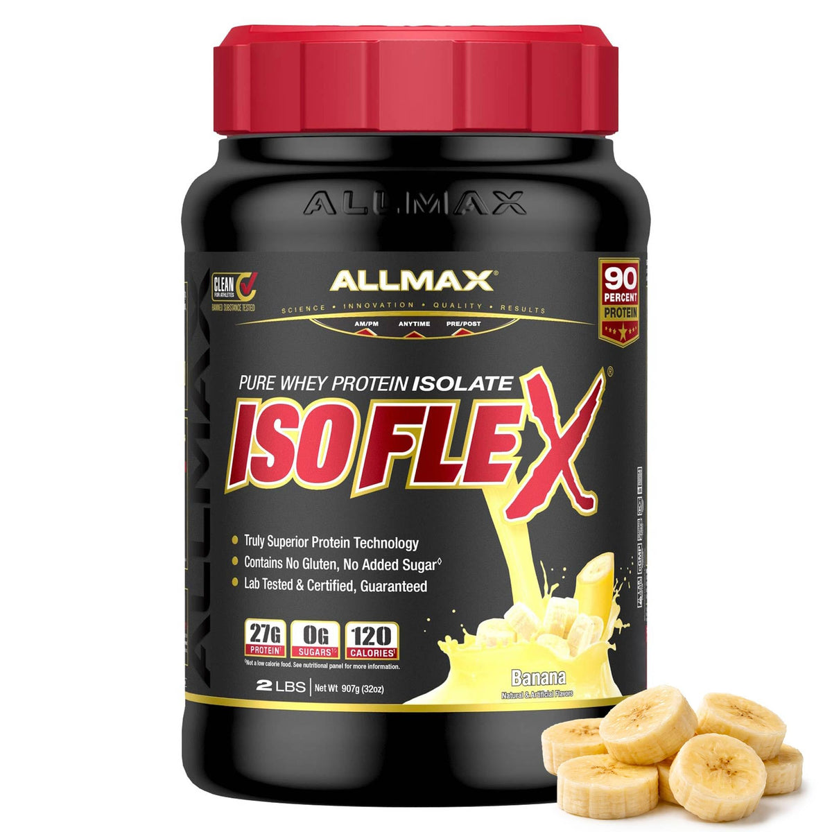 ALLMAX ISOFLEX frente del envase mostrando sabor banana y beneficio proteína limpia