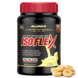 ALLMAX ISOFLEX frente del envase mostrando sabor banana y beneficio proteína limpia
