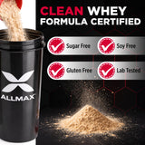 ALLMAX batido ISOFLEX servido en vaso, recuperación rápida y sabor cremoso