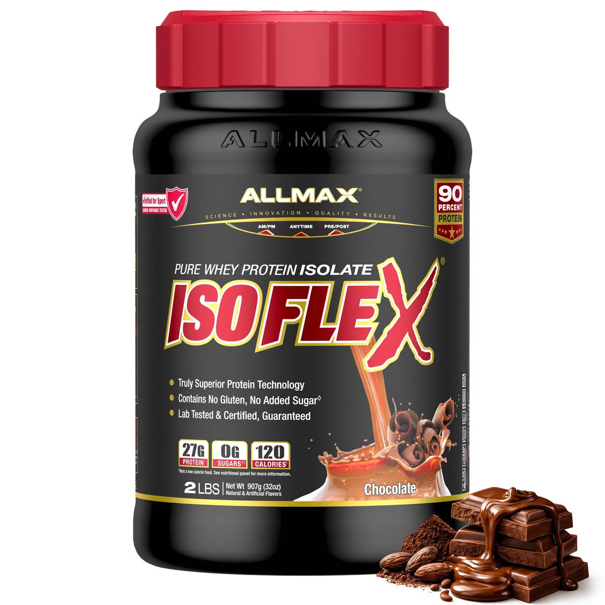 ALLMAX envase ISOFLEX Chocolate frontal, claro y profesional, facilita elección