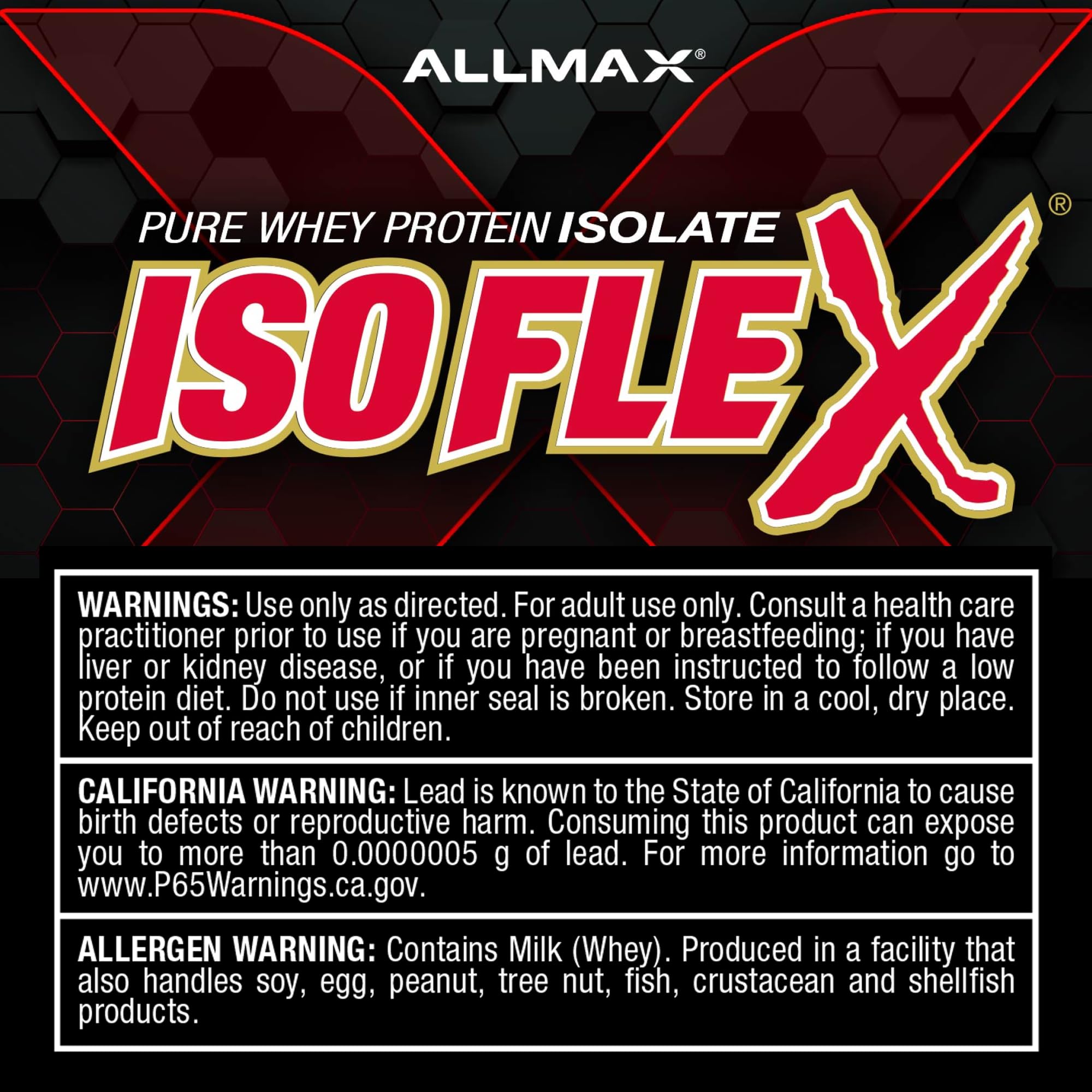 ALLMAX contenedor abierto mostrando polvo fino listo para preparar