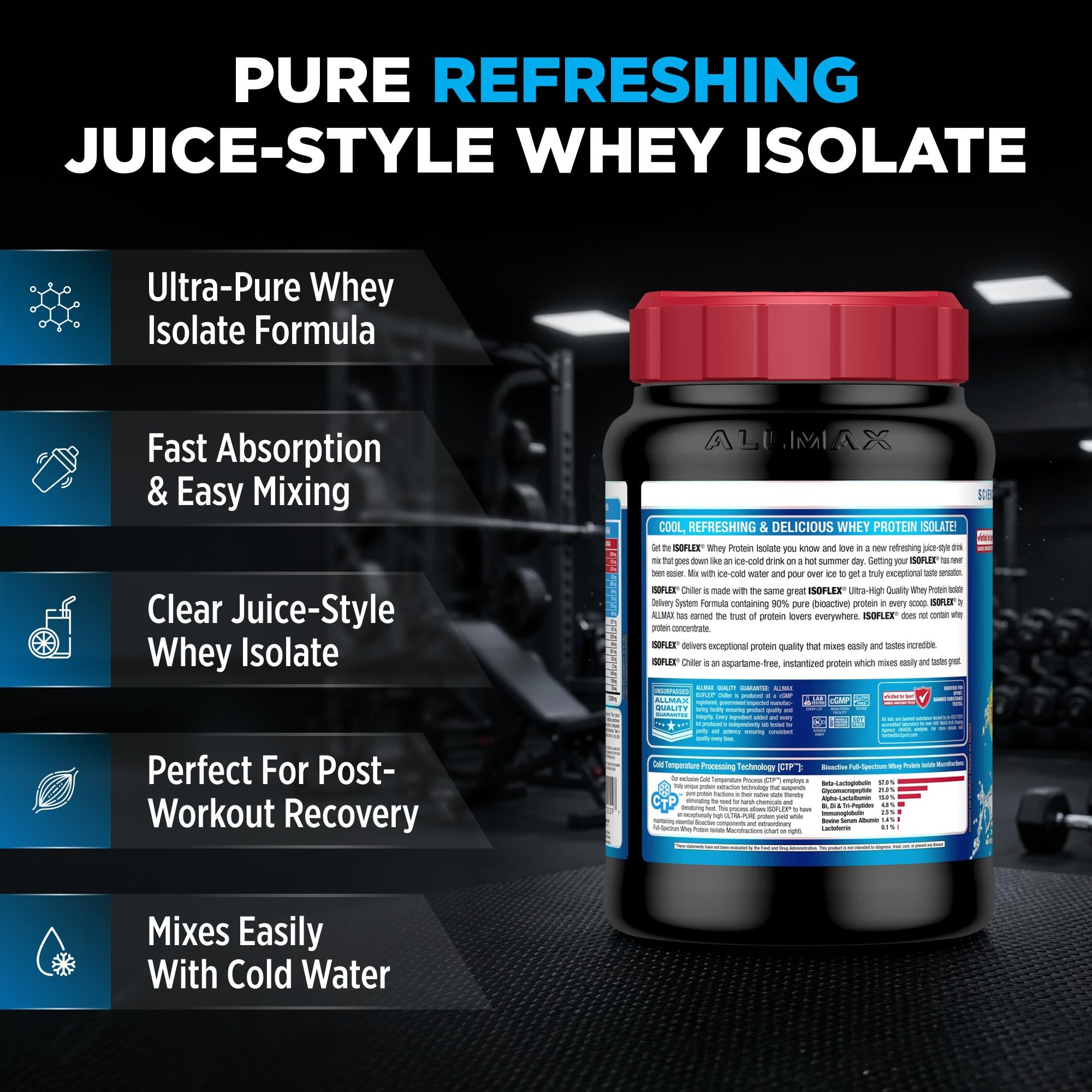 ALLMAX polvo cercano mostrando textura fina y mezcla rápida