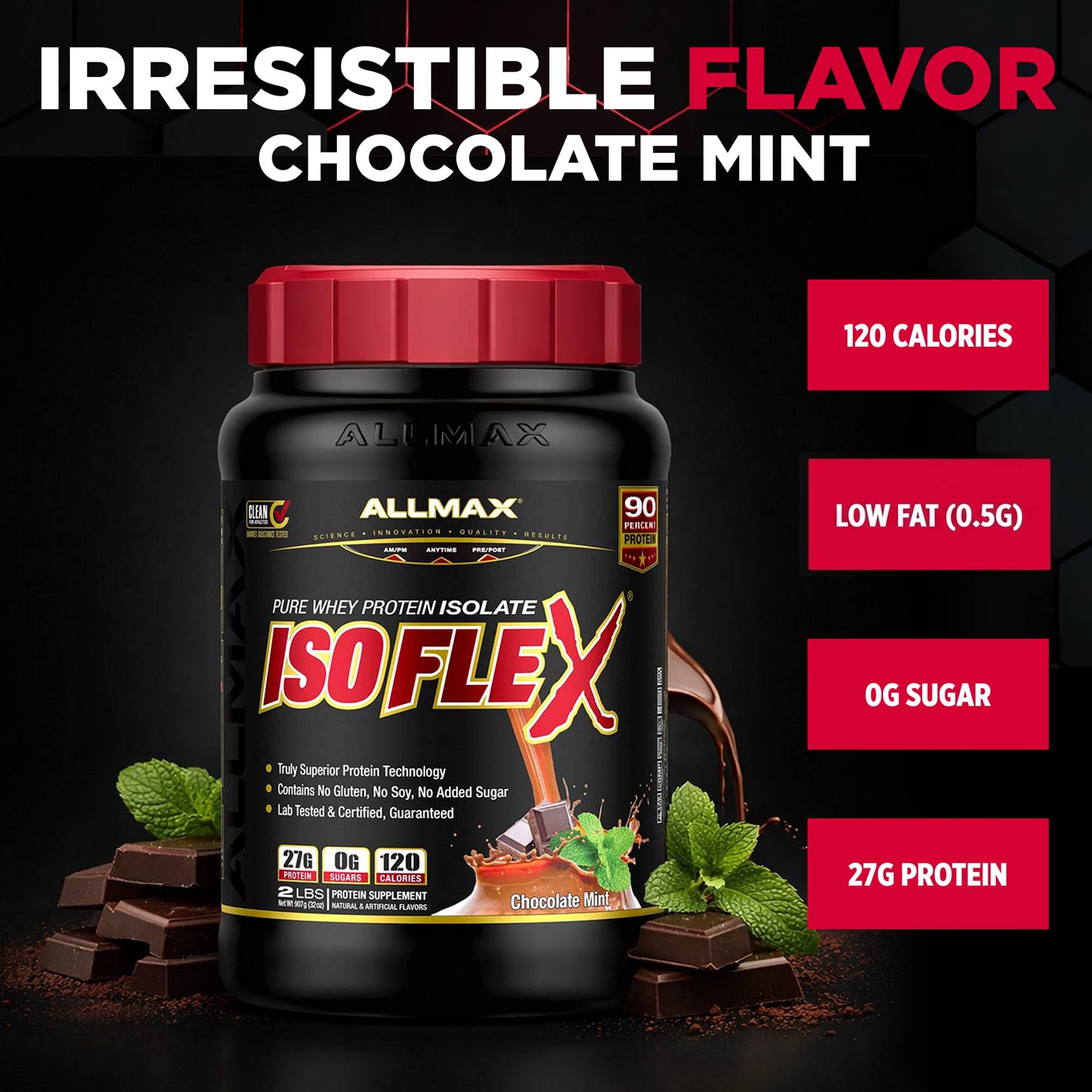 ALLMAX ISOFLEX detalle de empaque Chocolate Mint, sabor fresco y sin retrogustos