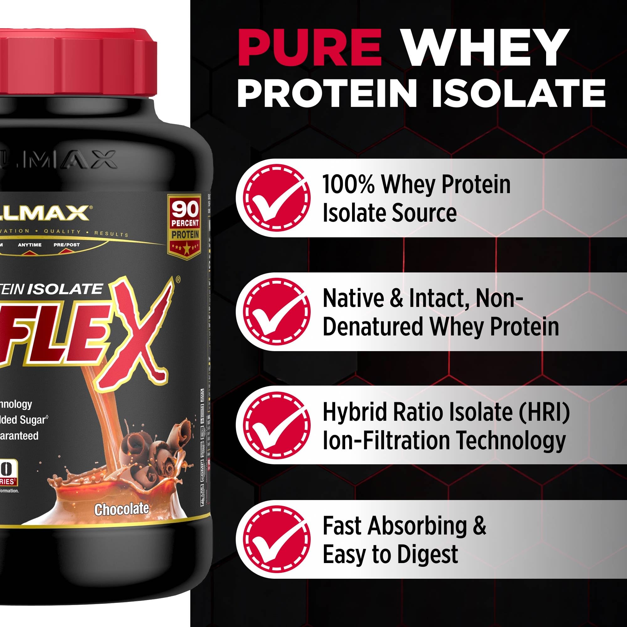 ALLMAX detalle del polvo ISOFLEX textura fina, fácil disolución y mezcla rápida