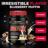 Allmax envase abierto con polvo esponjoso listando pureza y versatilidad