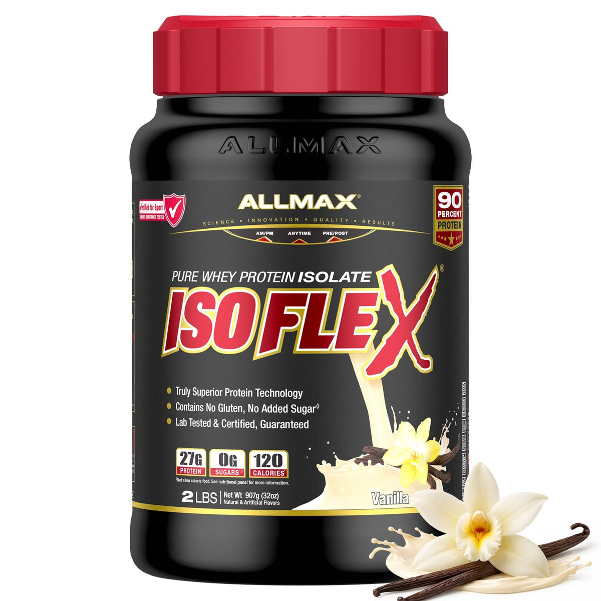 ALLMAX envase frontal del ISOFLEX Vainilla mostrando producto y diseño