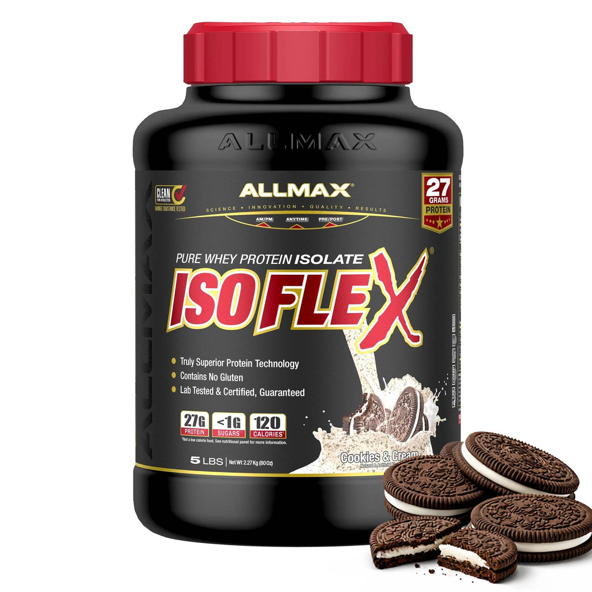 ALLMAX envase ISOFLEX cookies & cream mostrando diseño y tamaño beneficioso