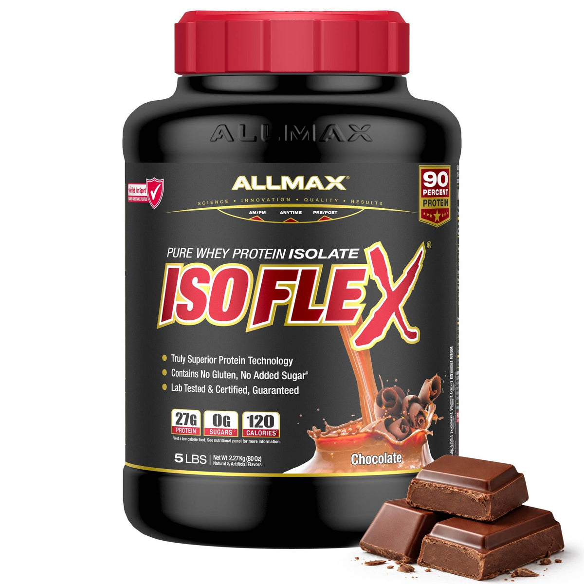 ALLMAX envase ISOFLEX frente mostrando tamaño y sabor chocolate, confianza de marca