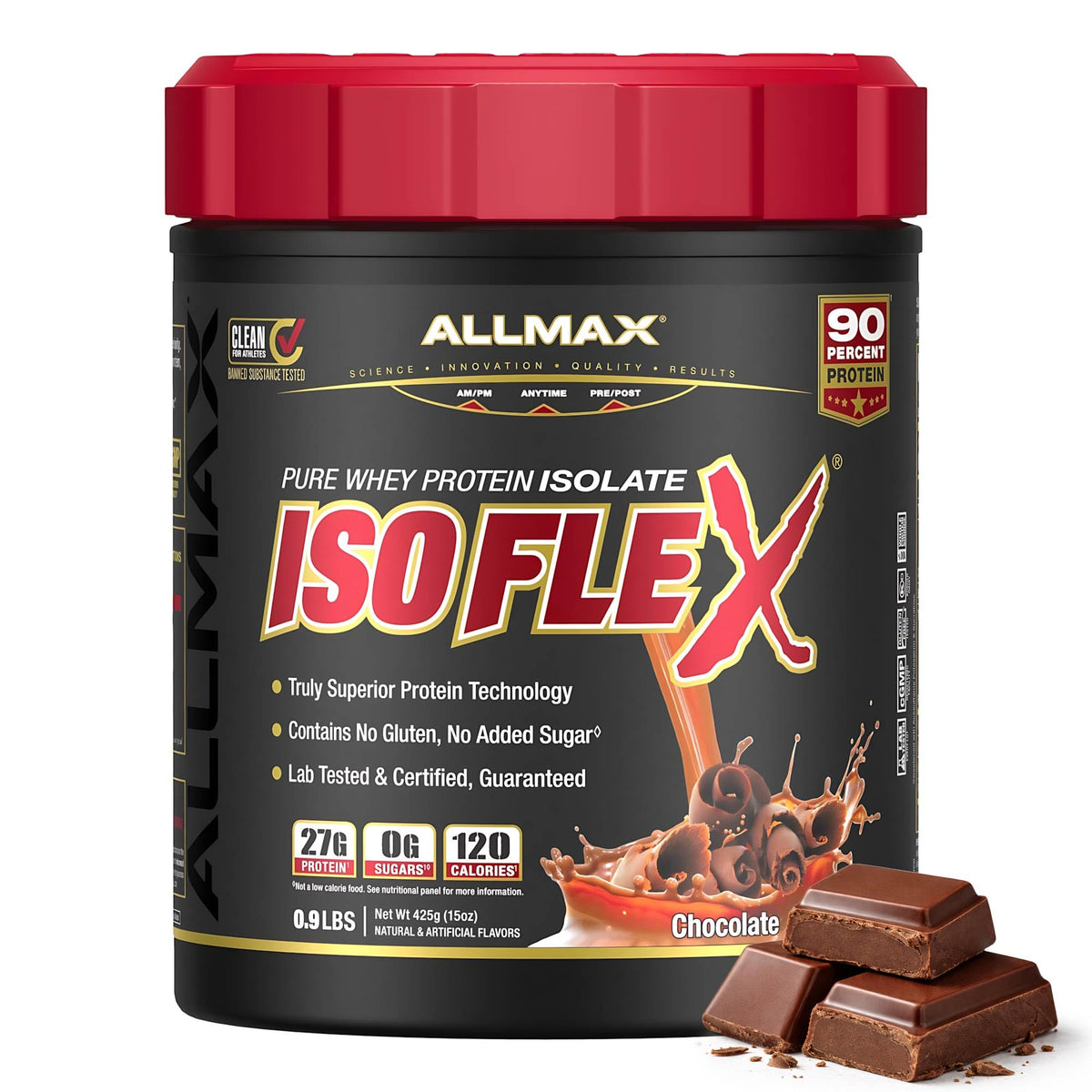 ALLMAX envase frontal ISOFLEX chocolate mostrando diseño y tamaño