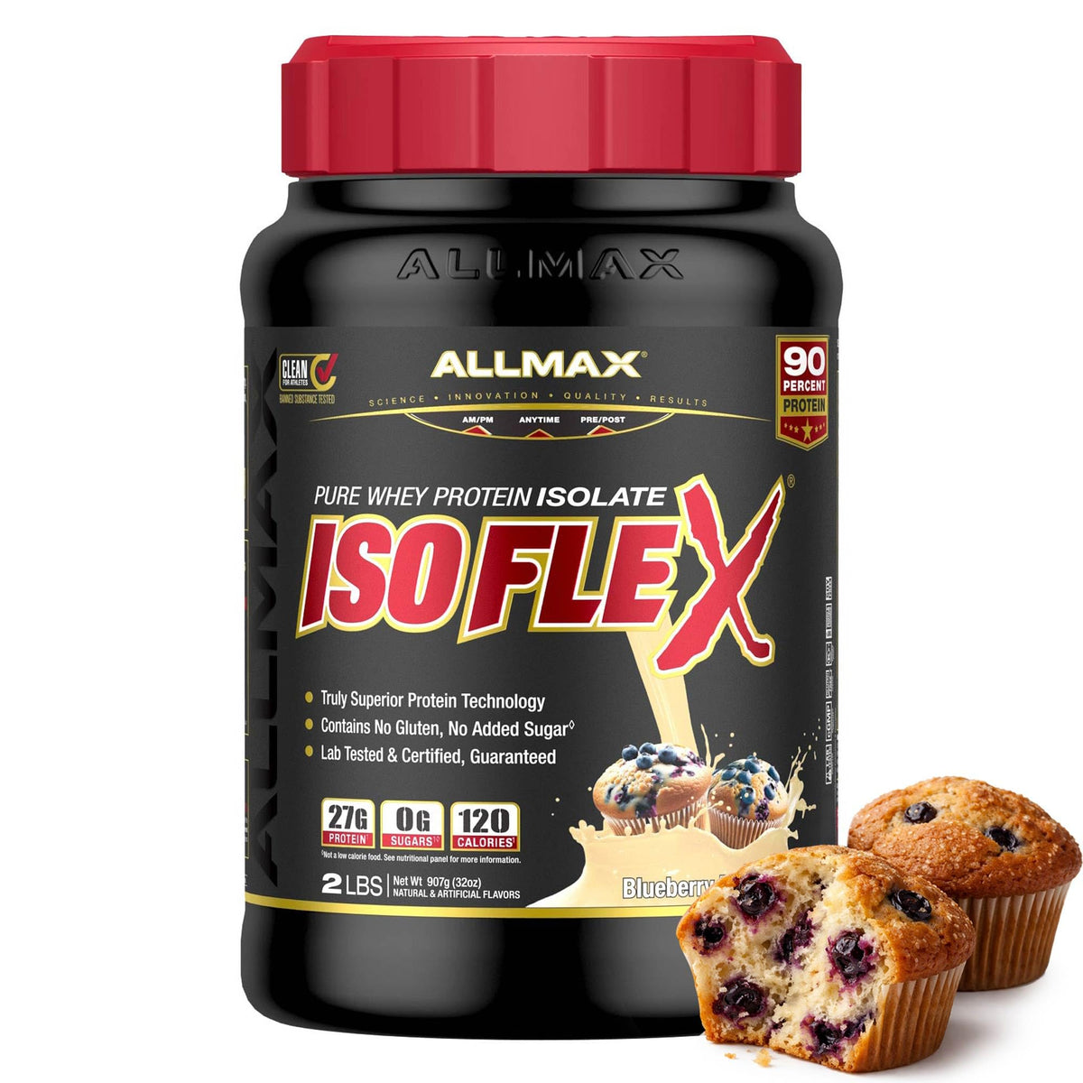 Allmax envase frontal ISOFLEX mostrando etiqueta clara y beneficio de 27g proteína