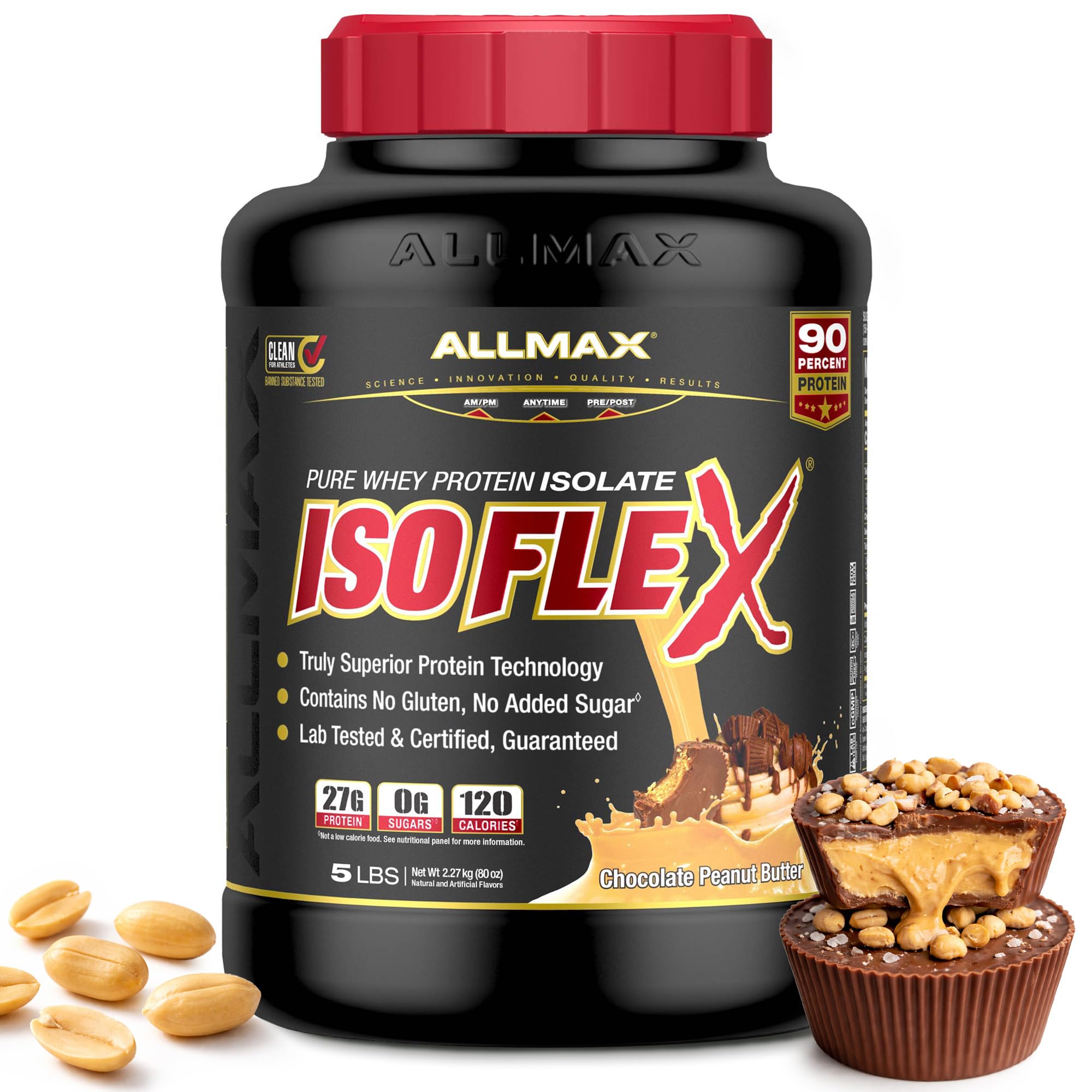 ALLMAX envase ISOFLEX Chocolate Peanut Butter mostrando diseño y tamaño