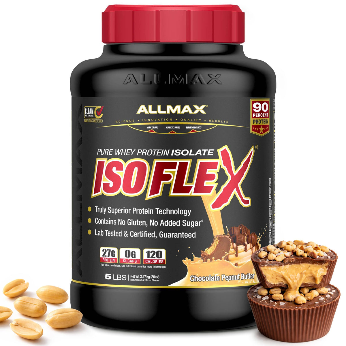 ALLMAX envase ISOFLEX Chocolate Peanut Butter mostrando diseño y tamaño