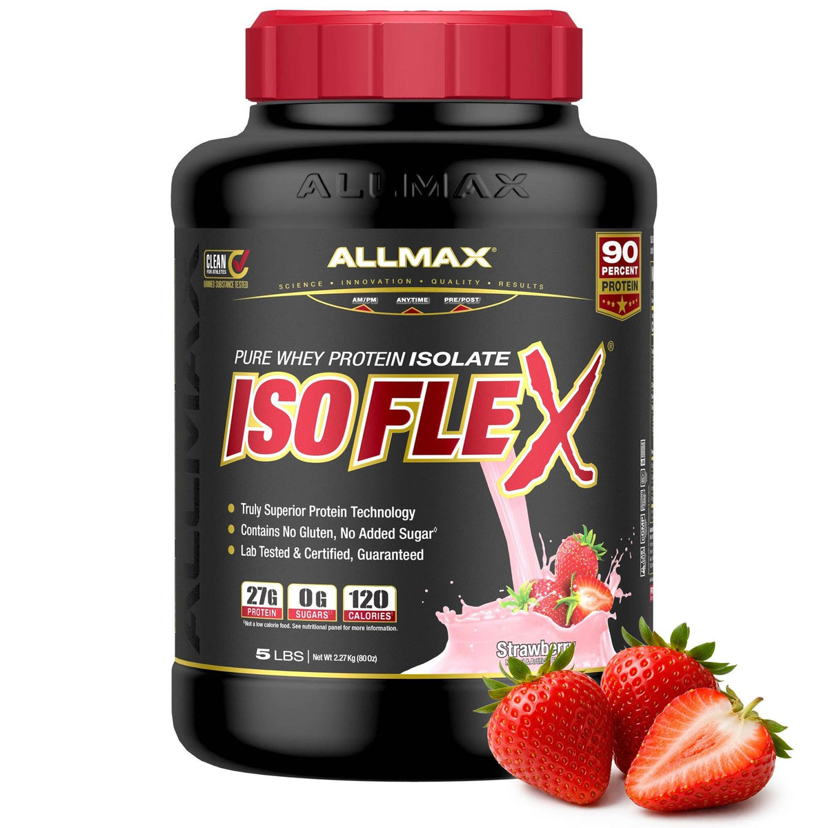 ALLMAX envase frontal ISOFLEX fresa mostrando tamaño y porciones