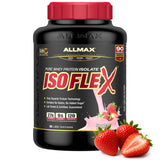 ALLMAX envase frontal ISOFLEX fresa mostrando tamaño y porciones