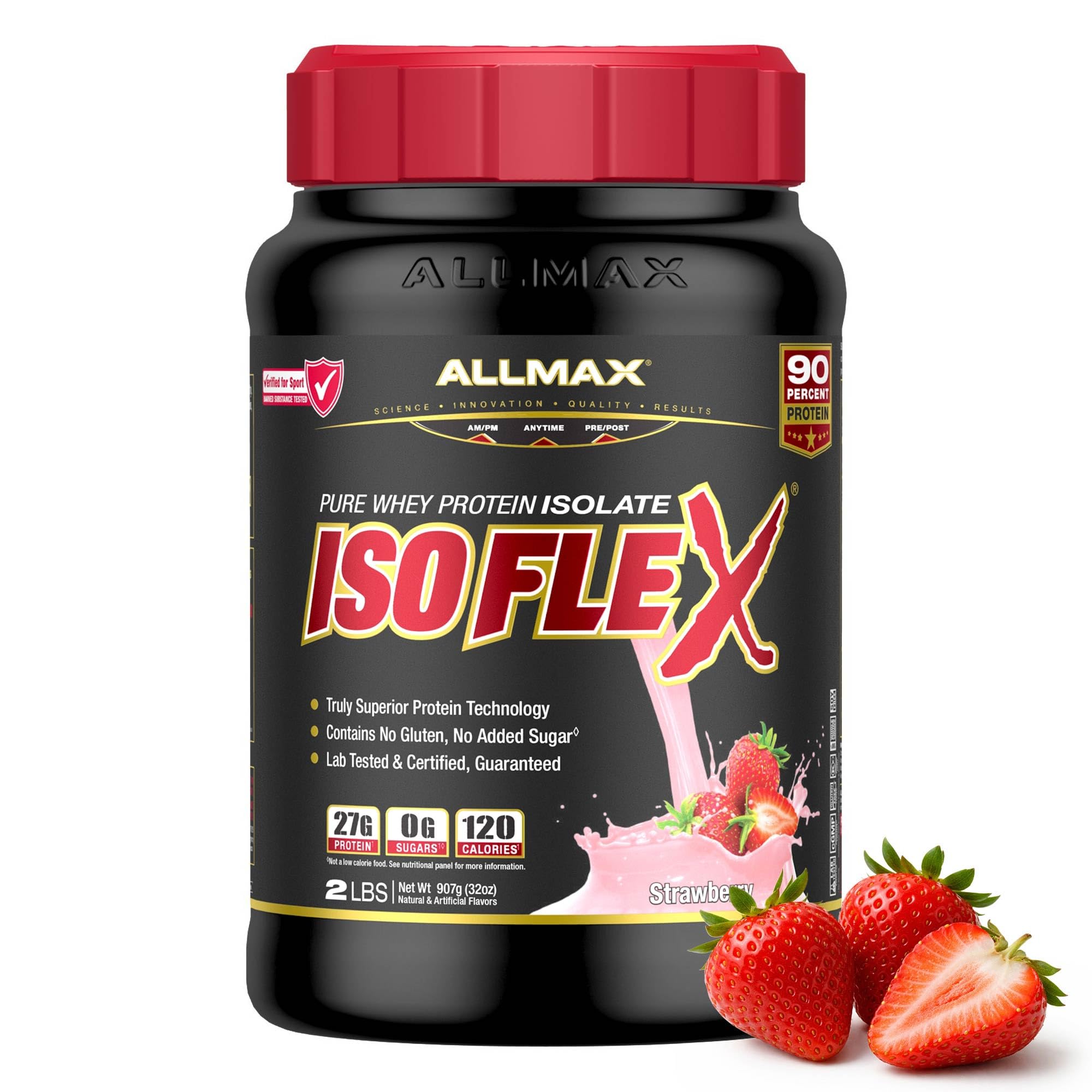 ALLMAX envase ISOFLEX fresa frente, muestra pureza y proteína