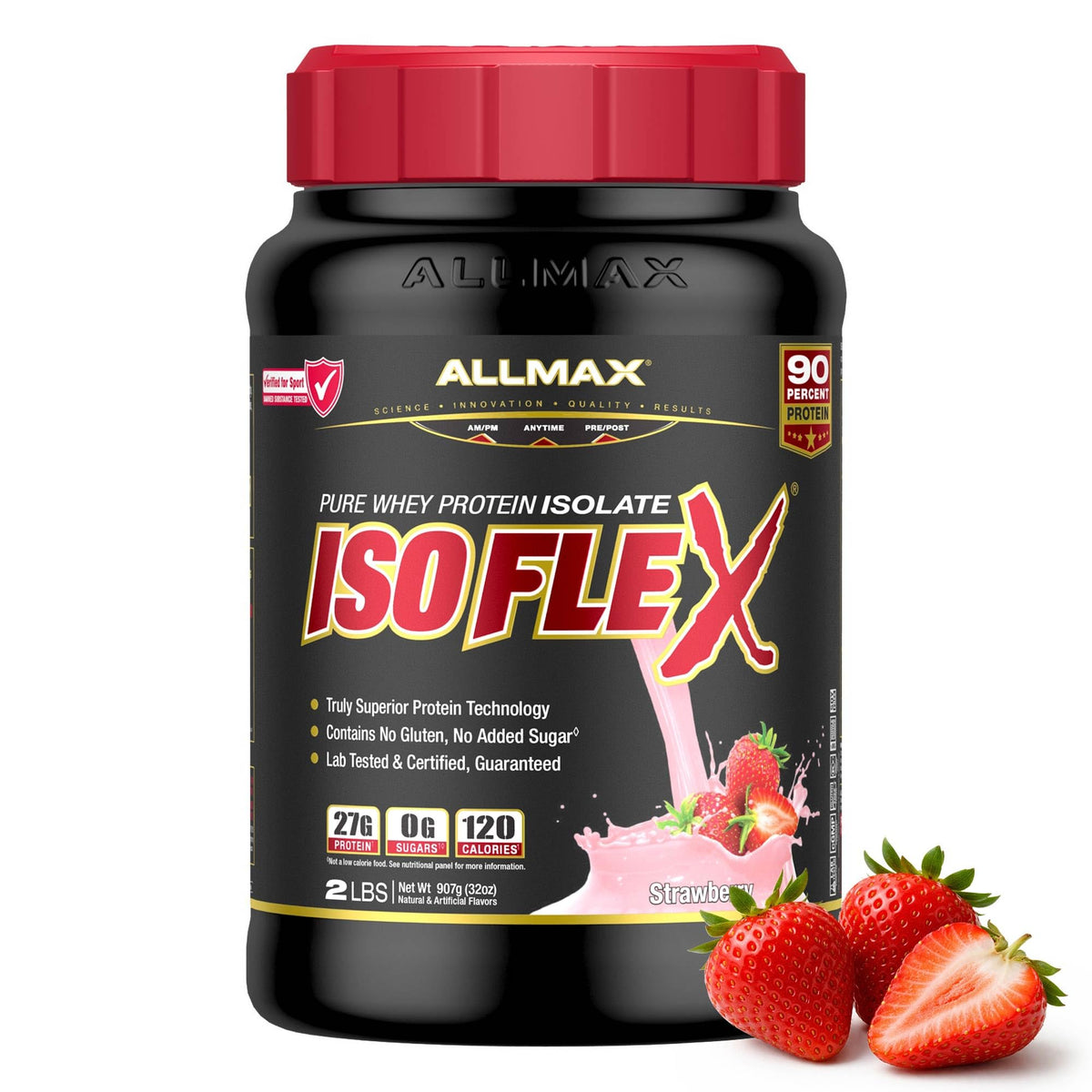 ALLMAX envase ISOFLEX fresa frente, muestra pureza y proteína