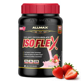 ALLMAX envase ISOFLEX fresa frente, muestra pureza y proteína