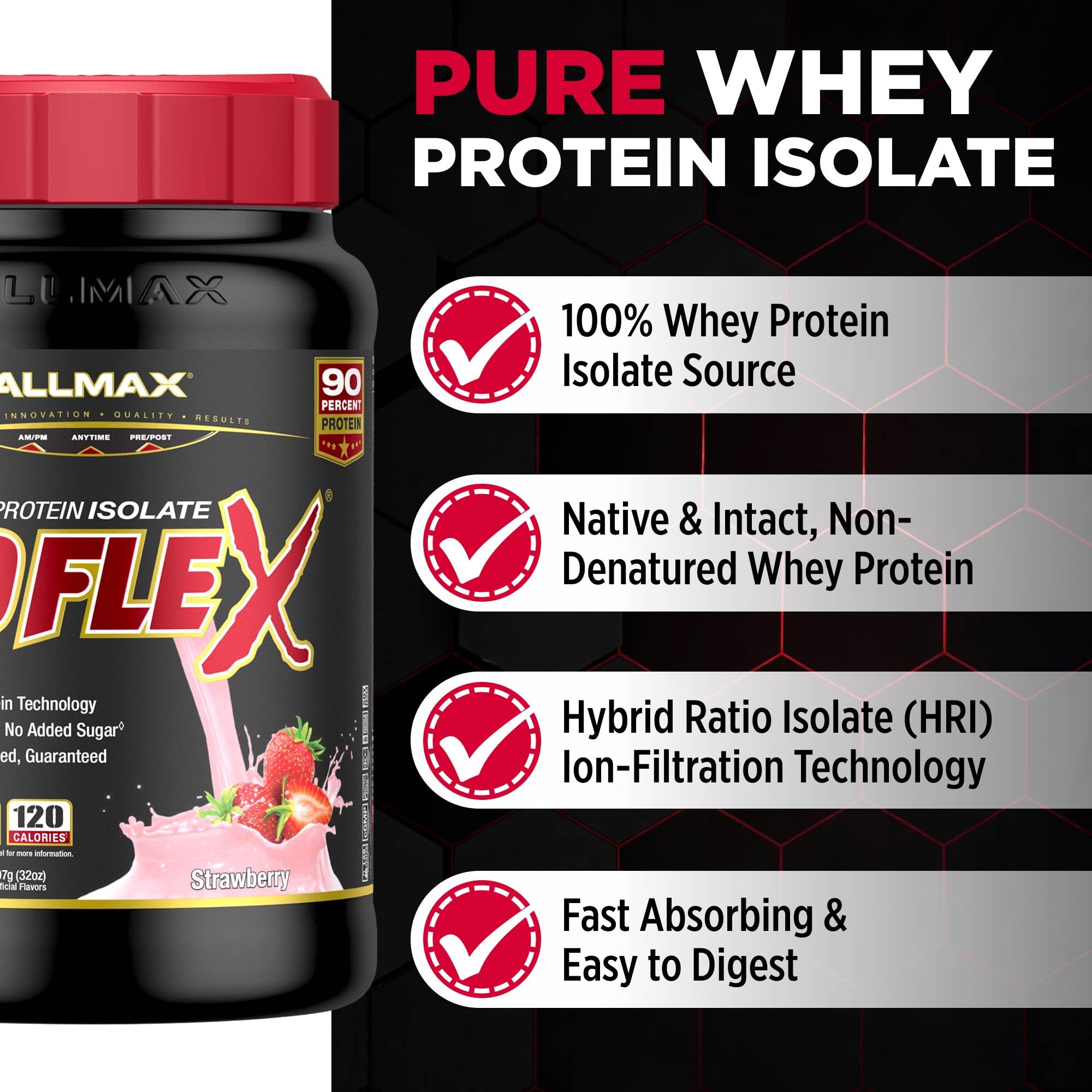 ALLMAX etiqueta y tapa ISOFLEX destaca información nutricional clara