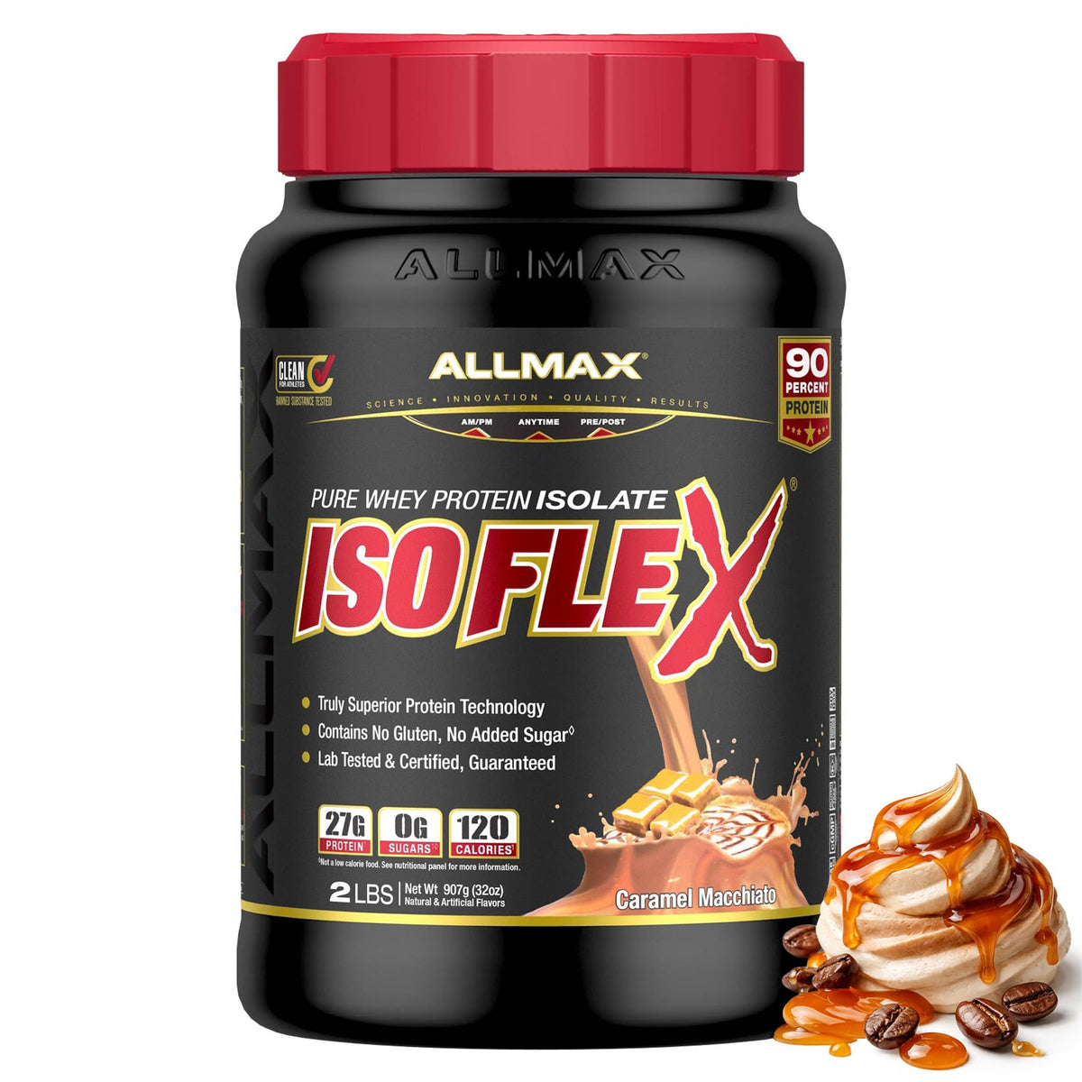 ALLMAX envase frontal Caramel Macchiato con información visible y atractivo