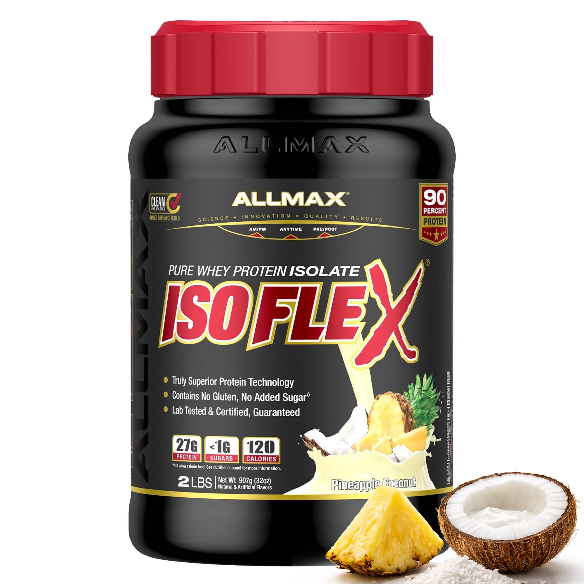 ALLMAX envase ISOFLEX piña coco mostrando etiqueta y beneficio proteína alta
