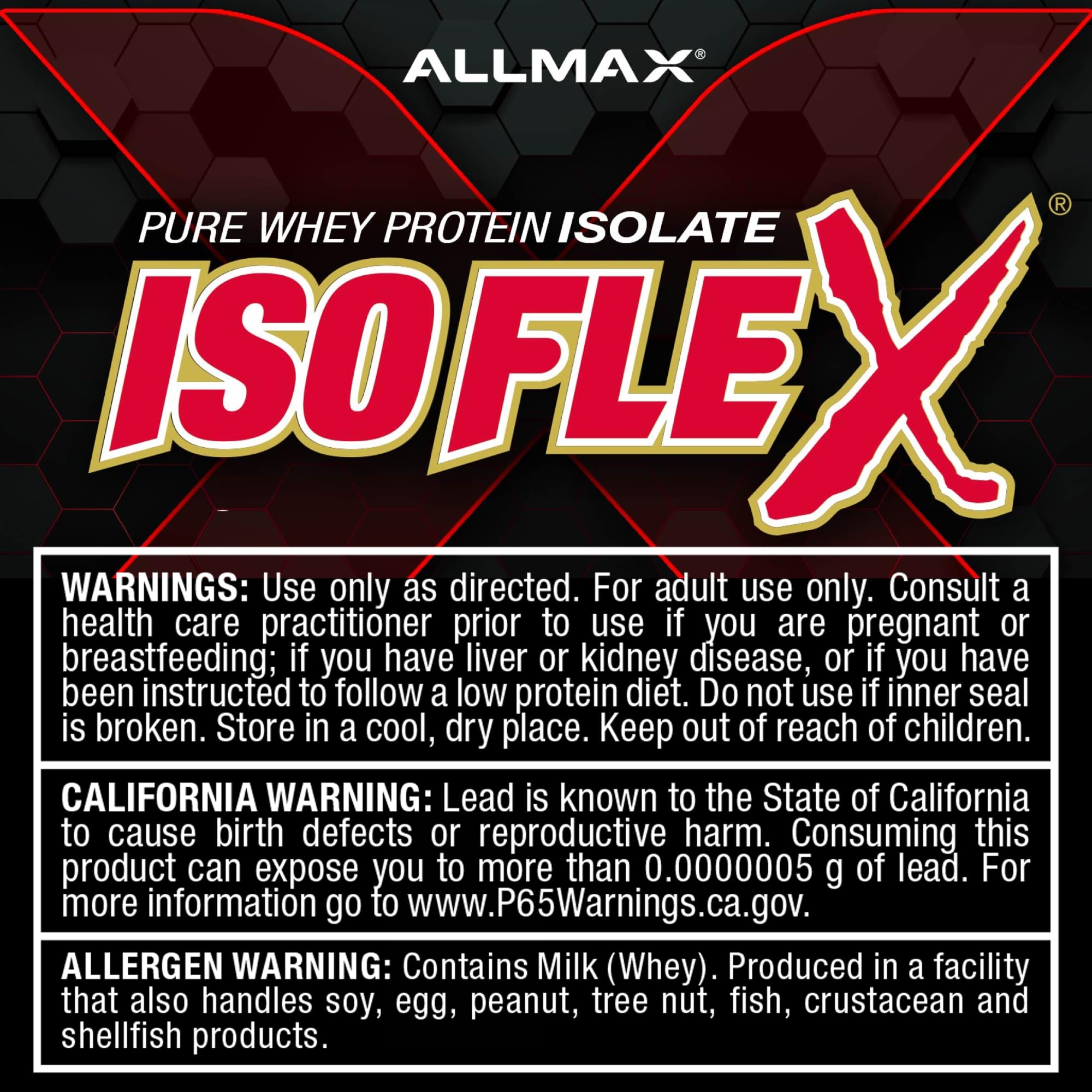 ALLMAX sello sin gluten y sin soya en envase ISOFLEX, apto para intolerancias