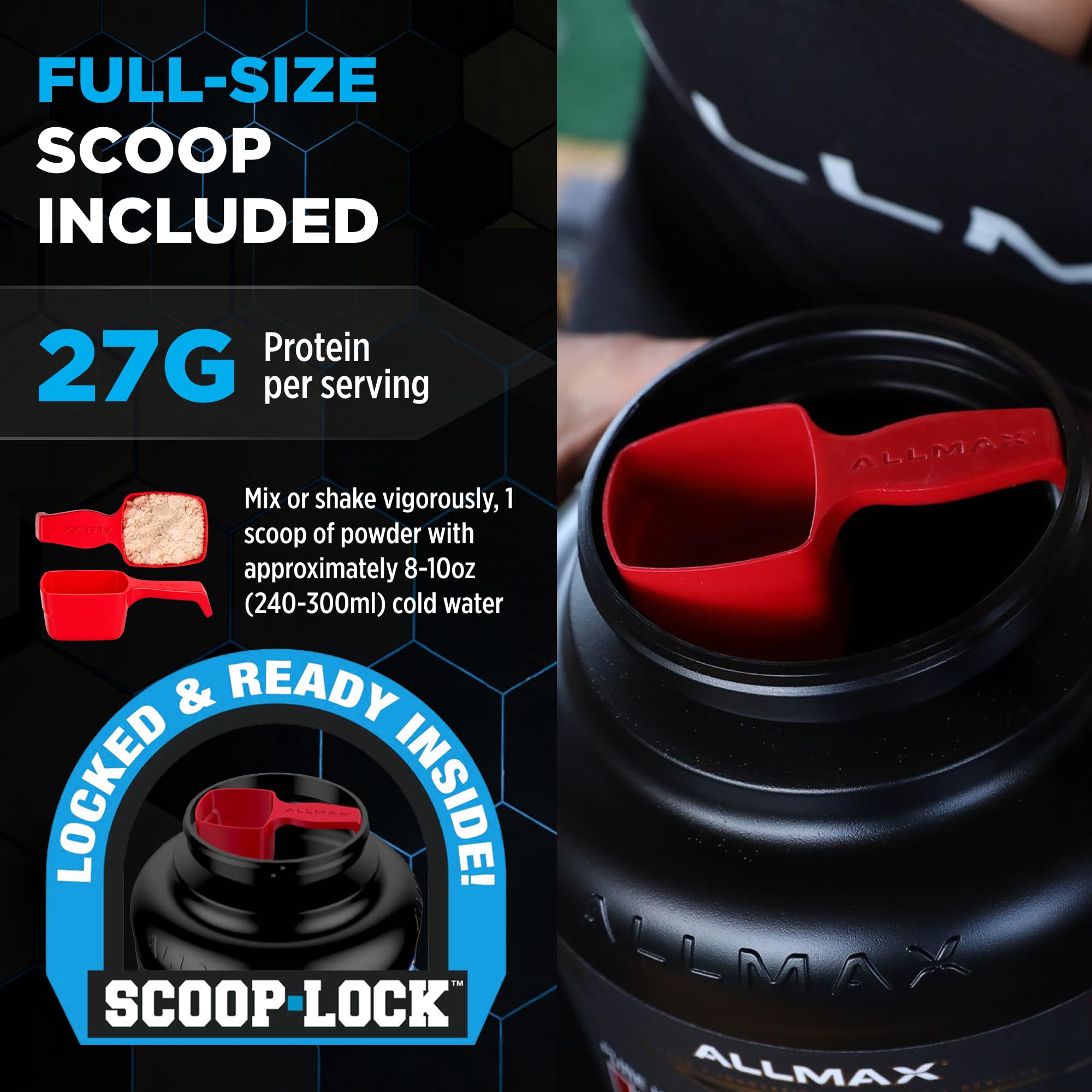 ALLMAX envase junto a objetos cotidianos para comparar tamaño