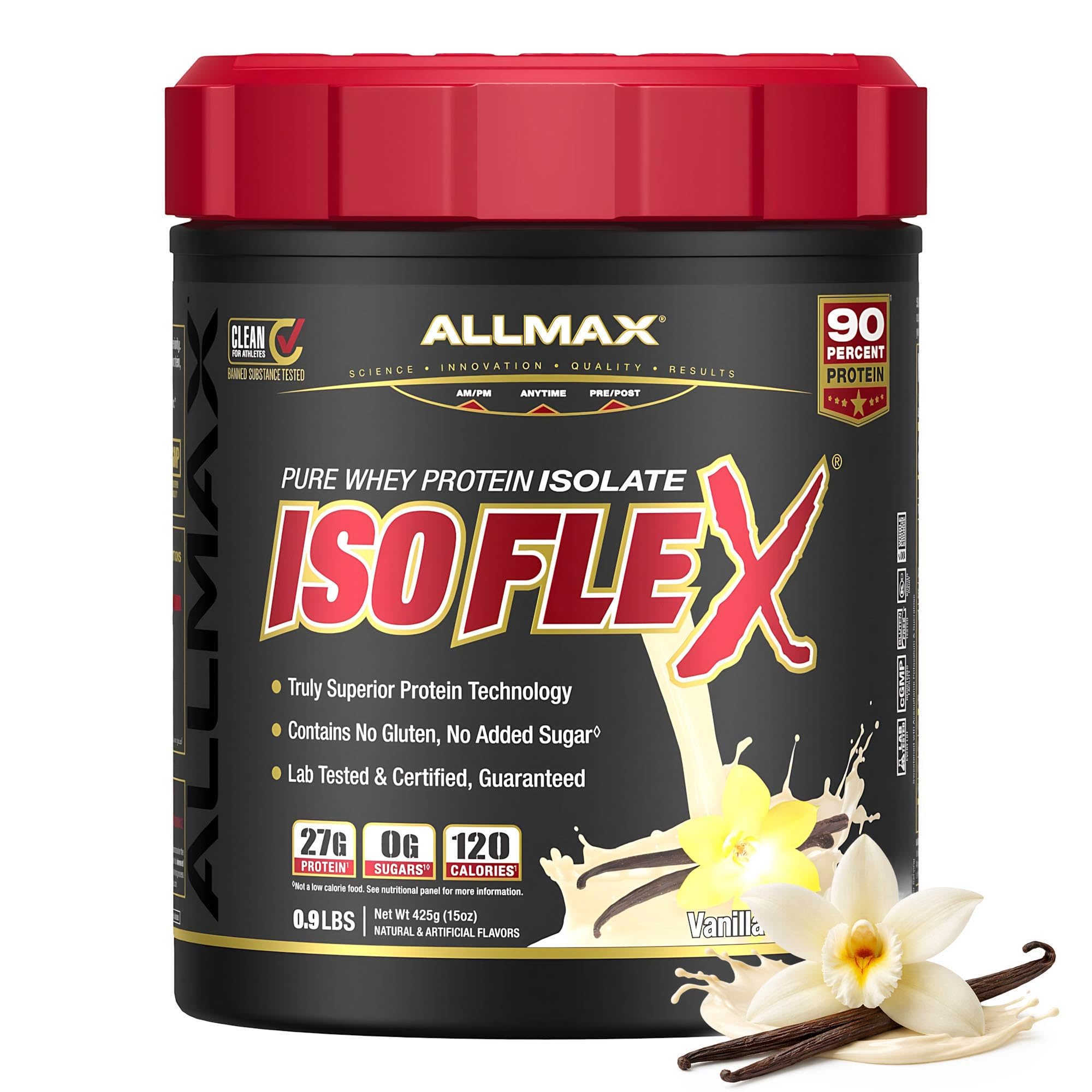 ALLMAX ISOFLEX envase frontal vainilla mostrando aspecto profesional y limpio
