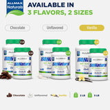 ALLMAX porción de scoop en mano para comparar tamaño y cantidad proteica