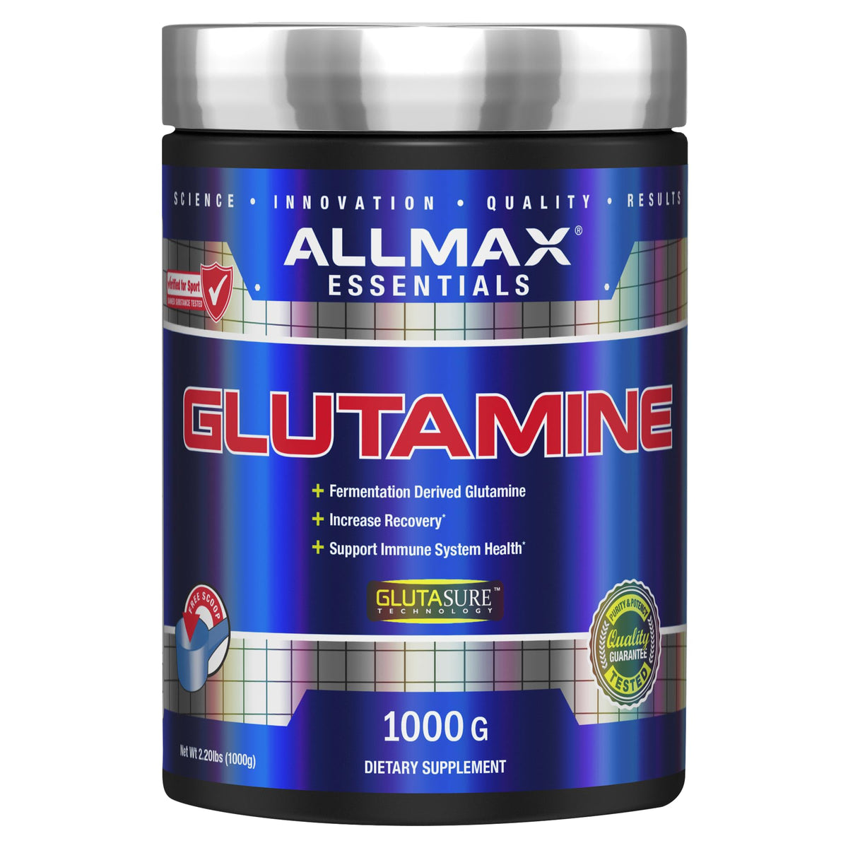 ALLMAX envase frontal de L-Glutamine Powder mostrando 1000 g y pureza